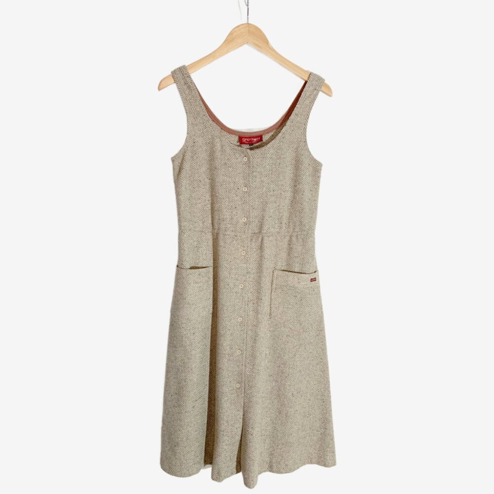 Vintage Oatmeal Wool Blend Herringbone Print Jumper Dress / Size Small-Medium